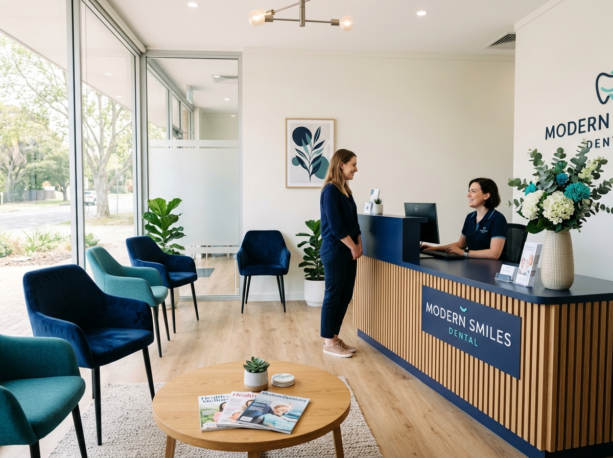 Modern reception area at Bay View Dental featuring a clean, welcoming interior with comfortable seating